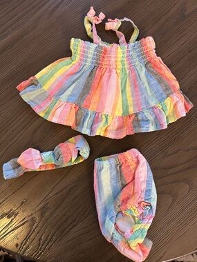 Girls Rainbow Stripe Ruffle Tank, Bloomer & Headband Set